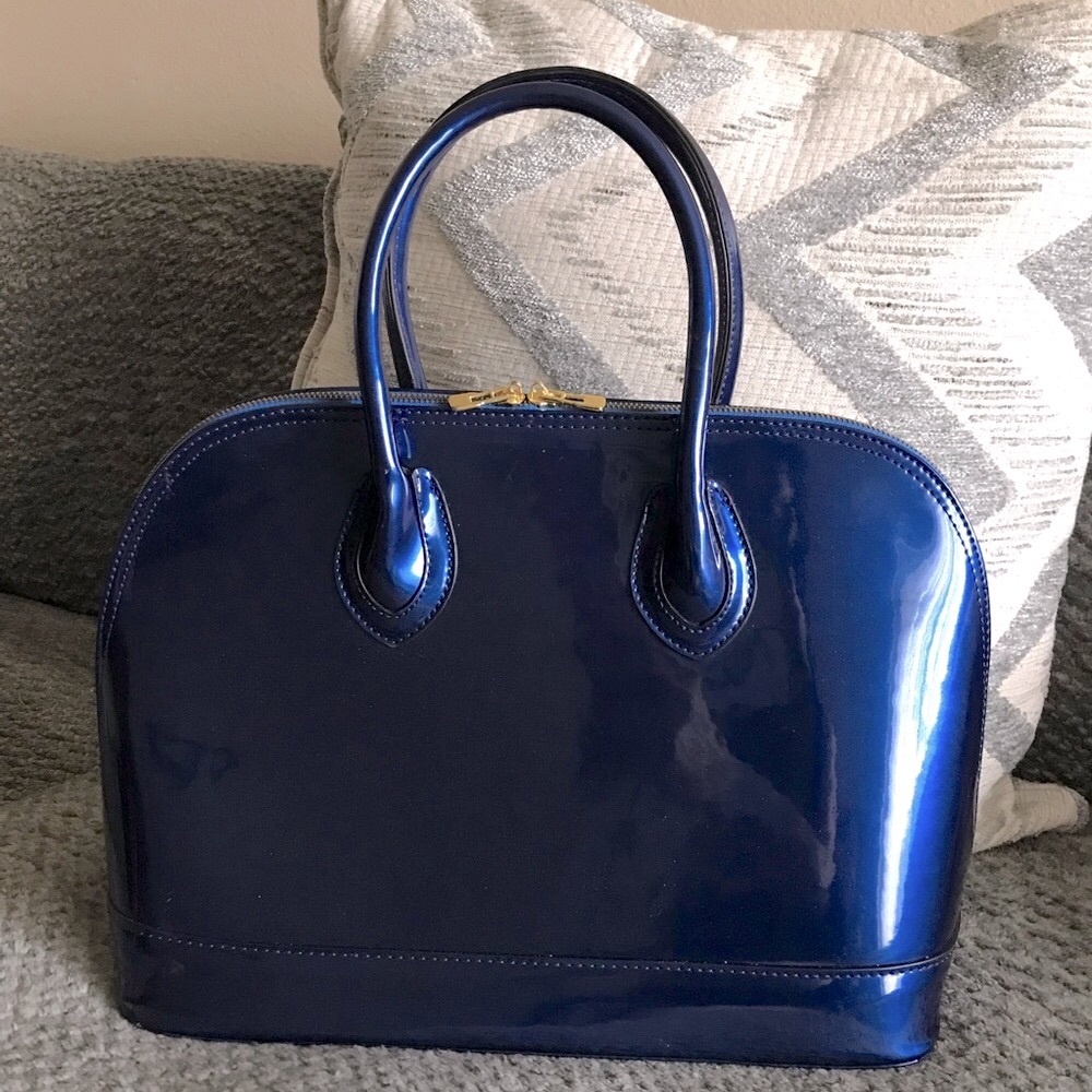 🟤Woman’s Brand New XLarge Navy Patent BlueSatchel Structured Shape/Red Lining